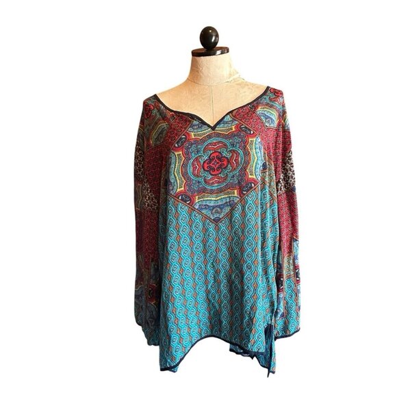 Tolani Silk Plus 1X Colorful Tunic 100% SILK V-Neck High-Lo Blouse Long Sleeve - Picture 1 of 9